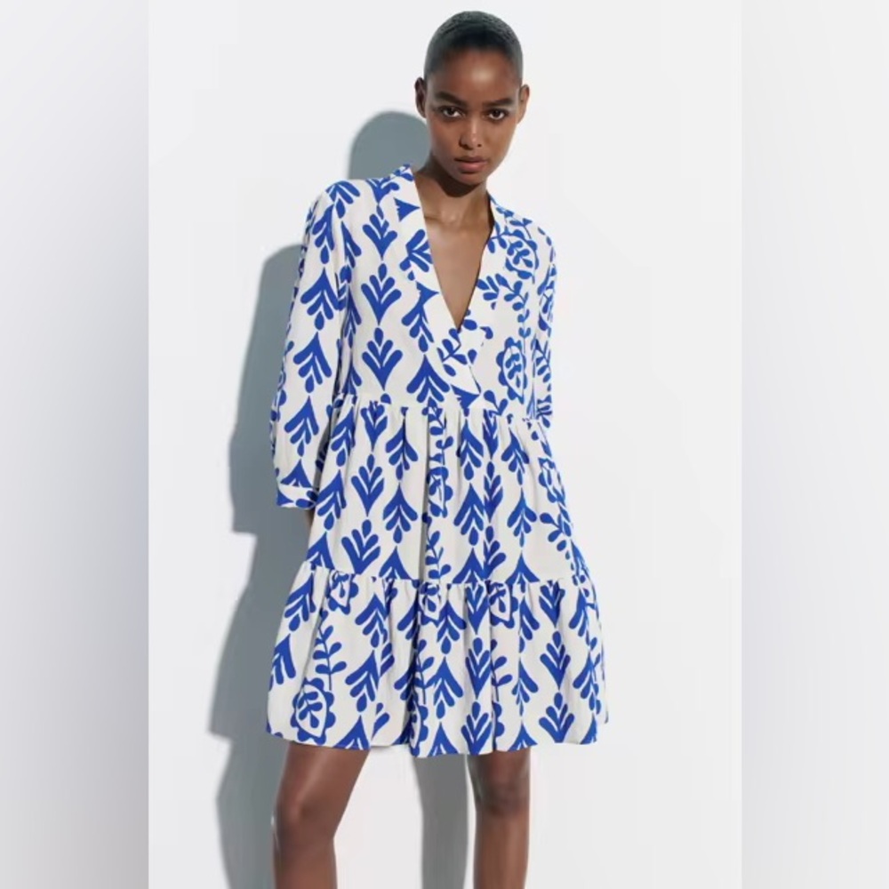 Zara Blue & White Printed Swing Dress - Small